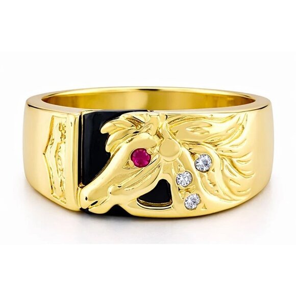 Created Ruby & White Sapphire Horse Ring Solid 14k Yellow Gold